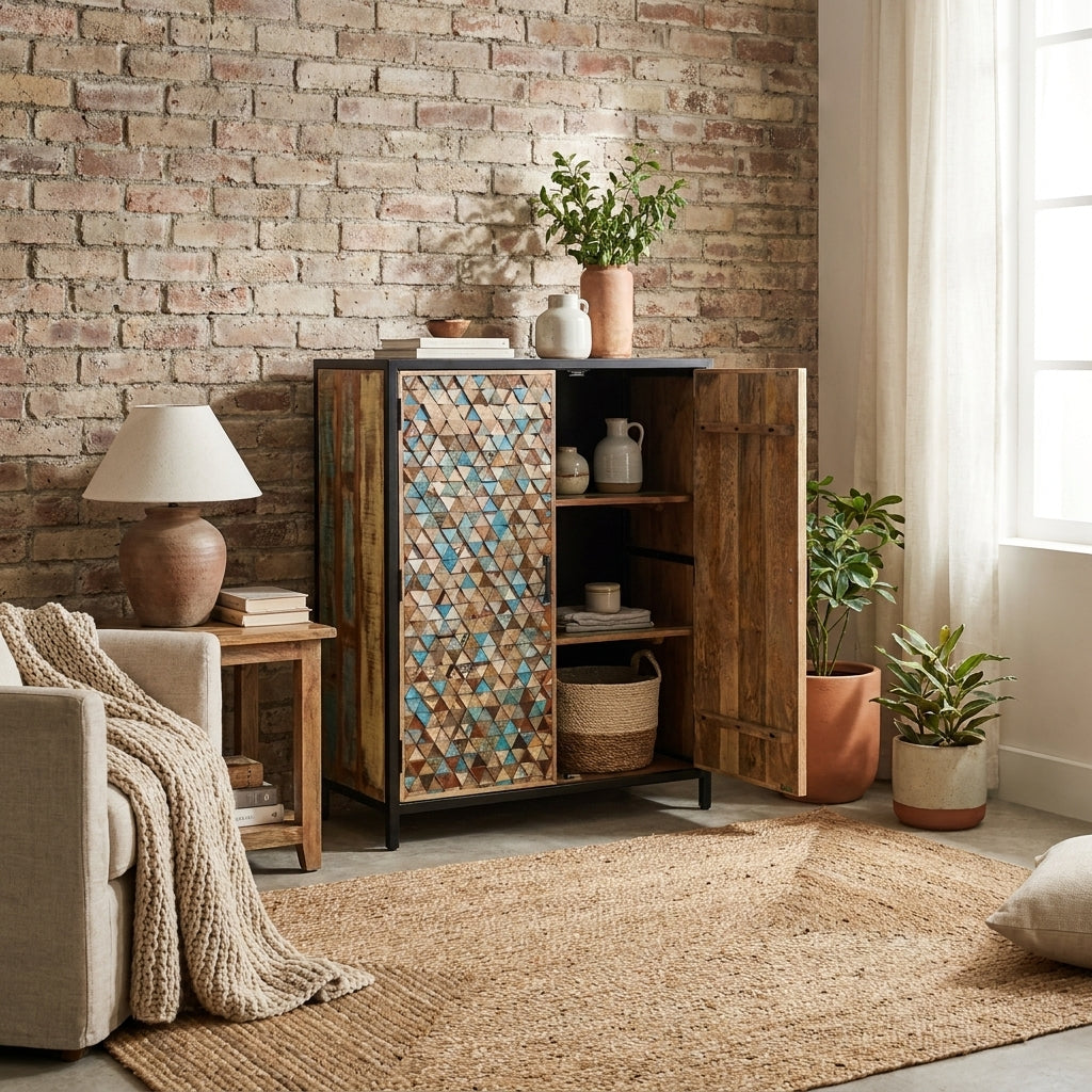 Recycled Mango Wood Storage Cabinet with Black Metal Frame 120 cm â€“ Iron Sky