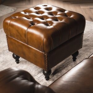 Chesterfield Genuine Leather Ottoman Antique Brown with Black Legs â€“ Stratford