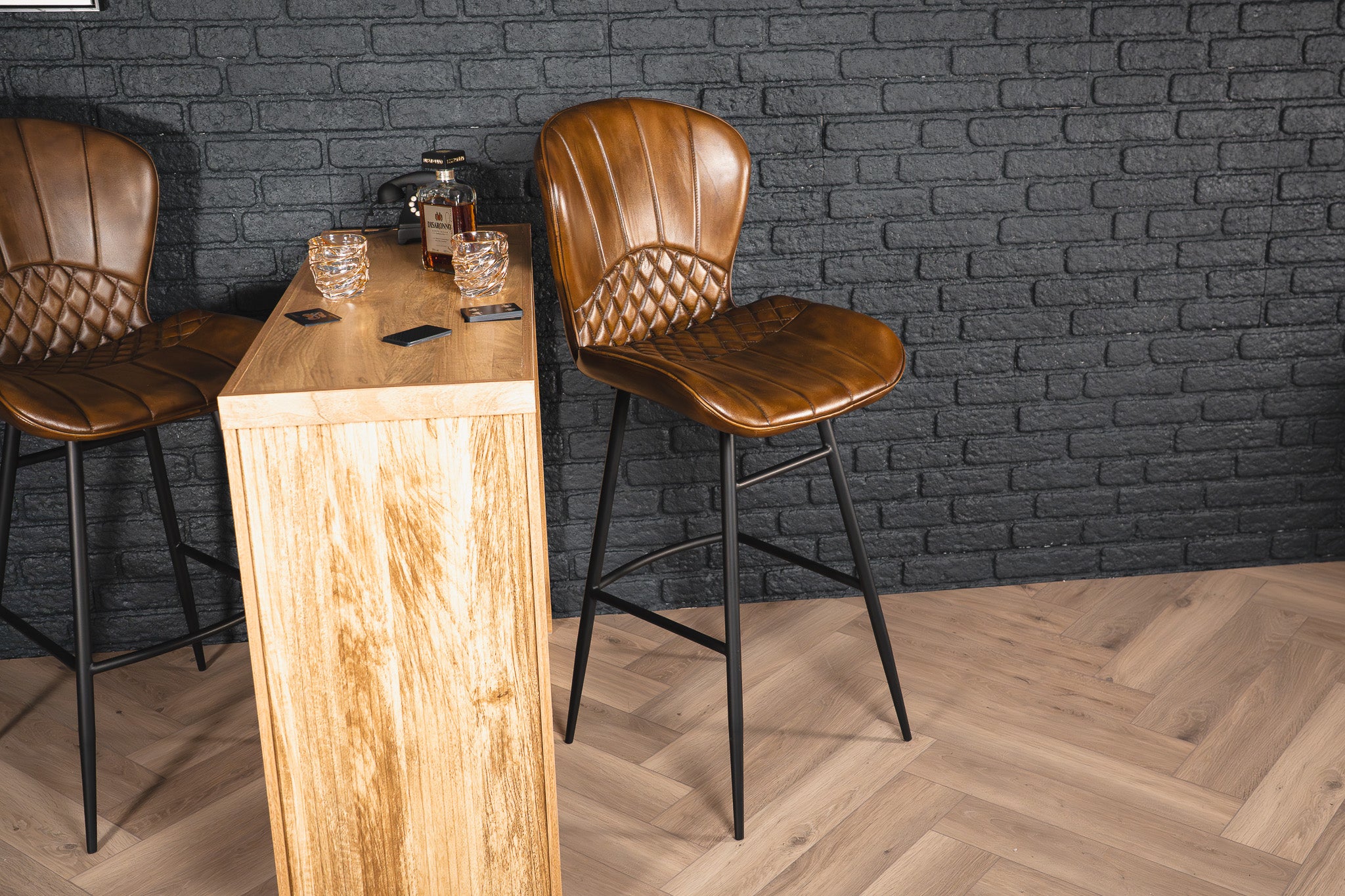 Genuine Leather Bar Stool Antique Brown with Black Legs â€“ Valencia Curve