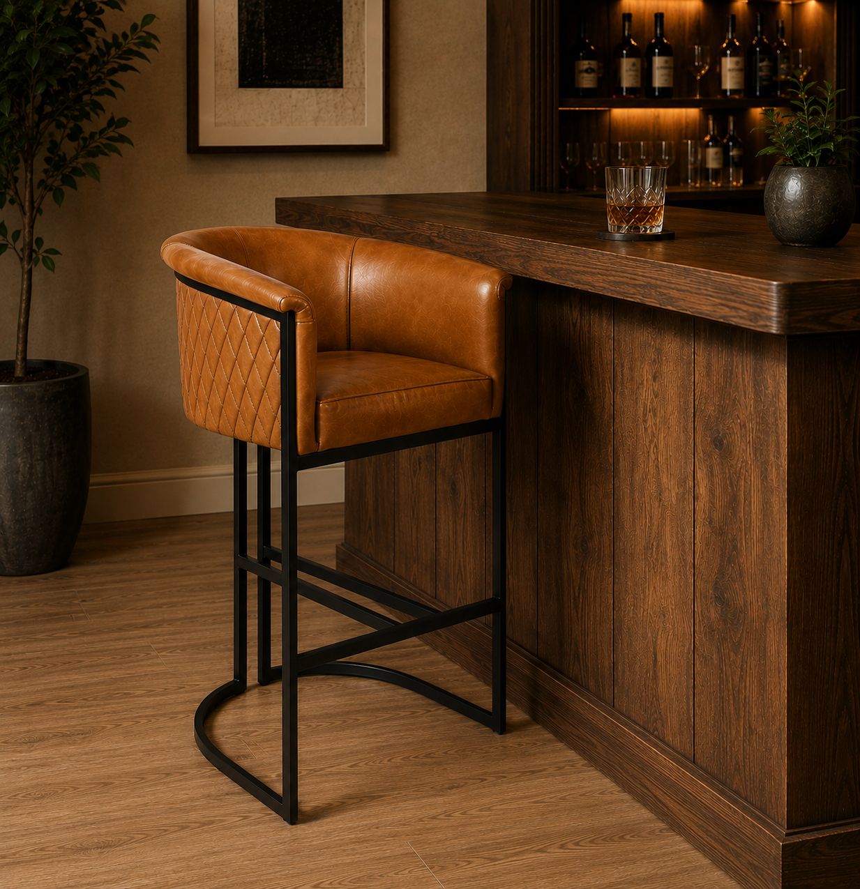 Genuine Leather Brown Bar Stool with Iron Legs â€“ Brooklyn