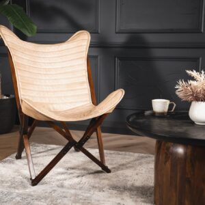 Genuine Leather Butterfly Lounge Chair Beige with Foldable Wooden Frame