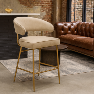 Genuine Leather Bar Stool Beige with Gold Legs â€“ Vienna