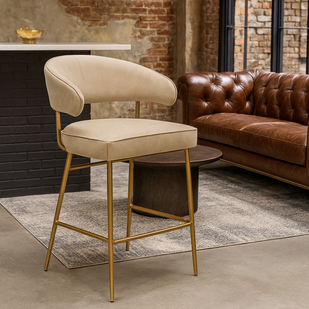 Genuine Leather Bar Stool Beige with Gold Legs â€“ Vienna