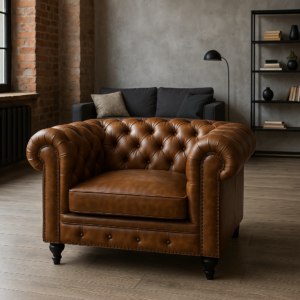 Chesterfield Genuine Leather Armchair Antique Brown with Black Legs â€“ Stratford