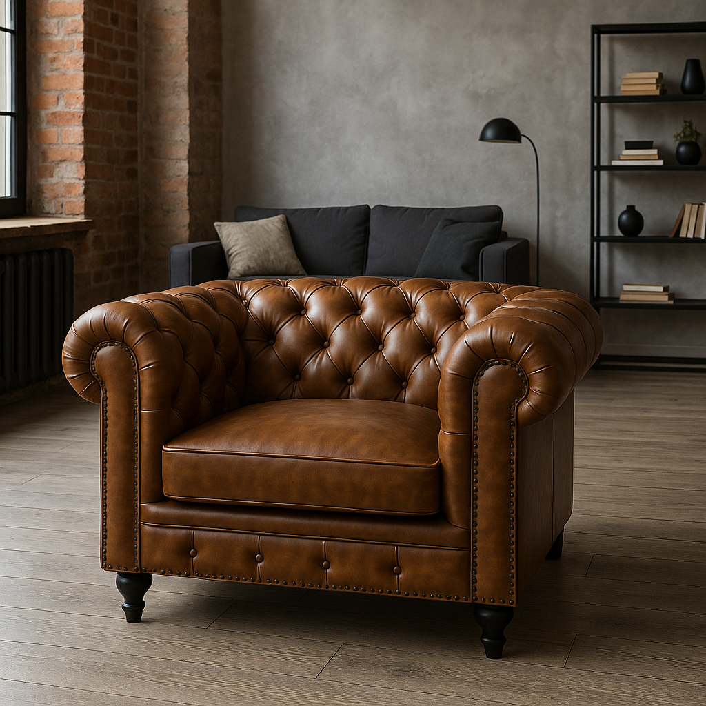 Chesterfield Genuine Leather Armchair Antique Brown with Black Legs – Stratford