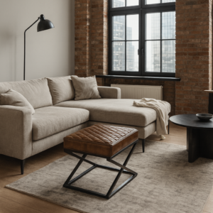 Oslo X Genuine Leather Footstool in Antique Brown with Black Geometric Metal Frame