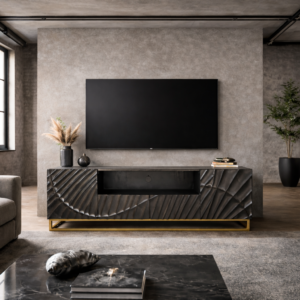 Solid Mango Wood TV Unit 180 cm with 3D Carved Front in Black â€“ Scorpion