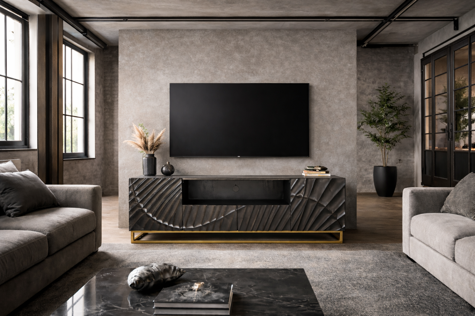 Solid Mango Wood TV Unit 180 cm with 3D Carved Front in Black â€“ Scorpion