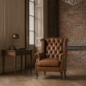 Chesterfield Genuine Leather Armchair Antique Brown with Wooden Legs â€“ Wellington