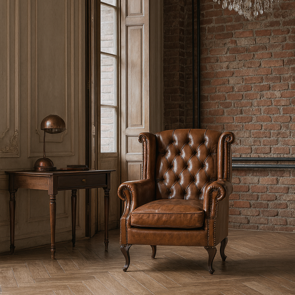 Chesterfield Genuine Leather Armchair Antique Brown with Wooden Legs – Wellington