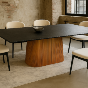 Solid Mango Wood Dining Table Black Mosaic Top 240 cm â€“ Portofino Fluted Base