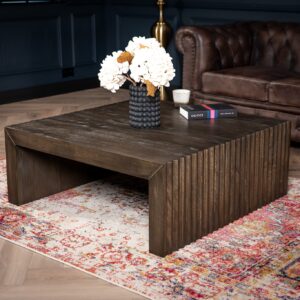Solid Mango Wood Coffee Table 100 cm â€“ Louvre Fluted Front Grey Brown