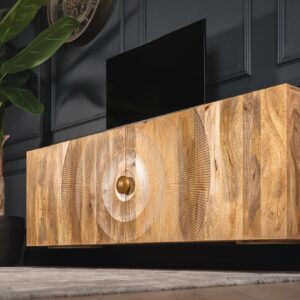 Solid Mango Wood Floating TV Unit Natural Brown 180 cm with Curved Front â€“ Sunset